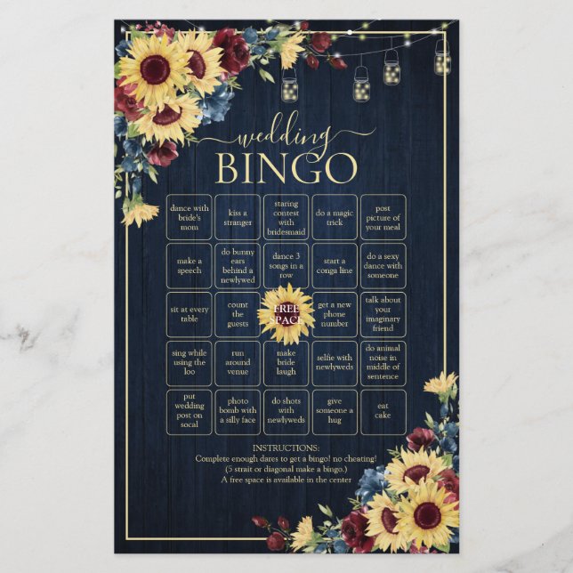 Sunflower Navy Bleu Bourgogne Mariage Jeu de Bingo (Devant)