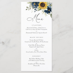 Sunflower Navy Blue Floral Greenery Menu Mariage