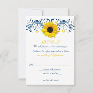 Sunflower Navy Blue Jaune Floral Wedding RSVP