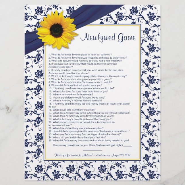 Sunflower Navy Blue Nouveau jeu de Fête des mariée (Devant)