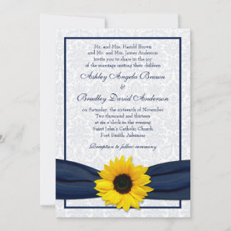 Sunflower Navy Damask Floral Faire-part de mariage
