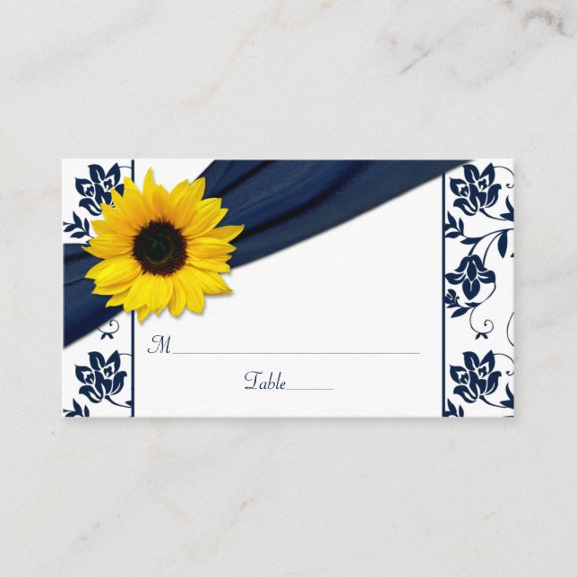 Sunflower Navy Damask Floral Mariage Cartes de pla (Devant)