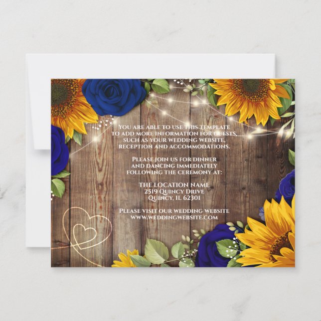 Sunflower & Navy Roses Russe Mariage Détails Carte (Devant)