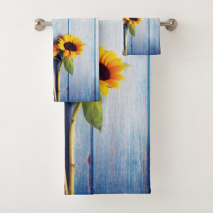 Sunflower on Blue Wood Wall