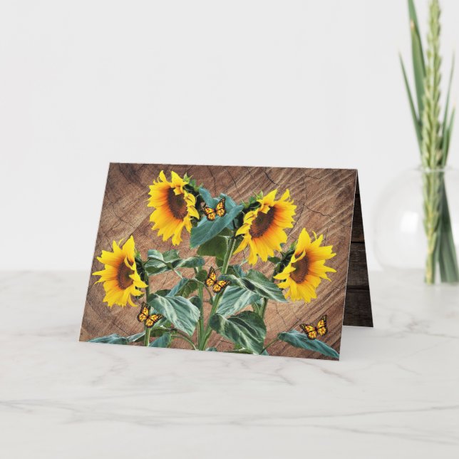 Sunflower Papillons Rustic Barque Carte de note (Devant)