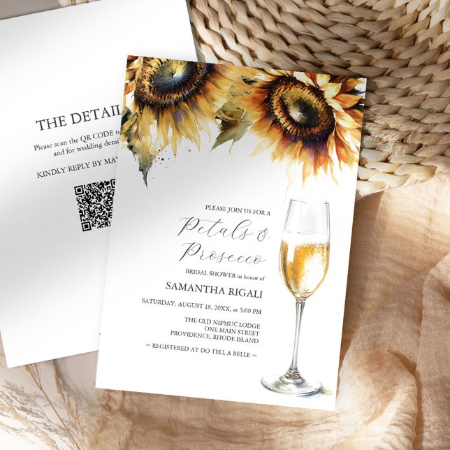 Sunflower Petals & Prosecco Fête des mariées Code  (Petals and Prosecco bridal shower invitations with qr-code and sunflowers by Victoria Grigaliunas)