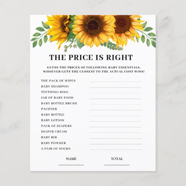 Sunflower Price is Right Baby Shower Game Card  (Devant)