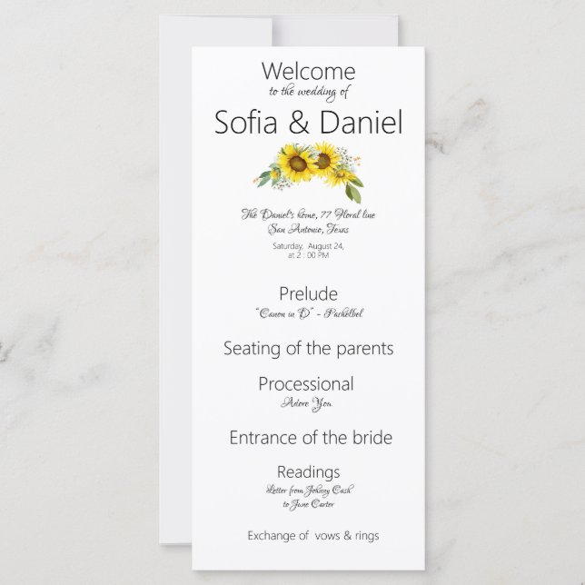 Sunflower programme de mariage élégant Carte à pla (Devant)