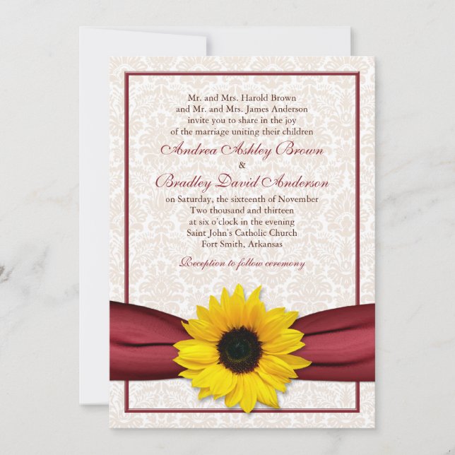 Sunflower Red Ribbon Mariage damassé Invitation (Devant)