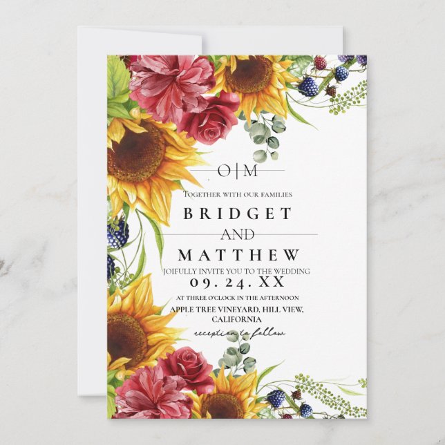 Sunflower Rose Watercolor Faire-part de mariage (Devant)