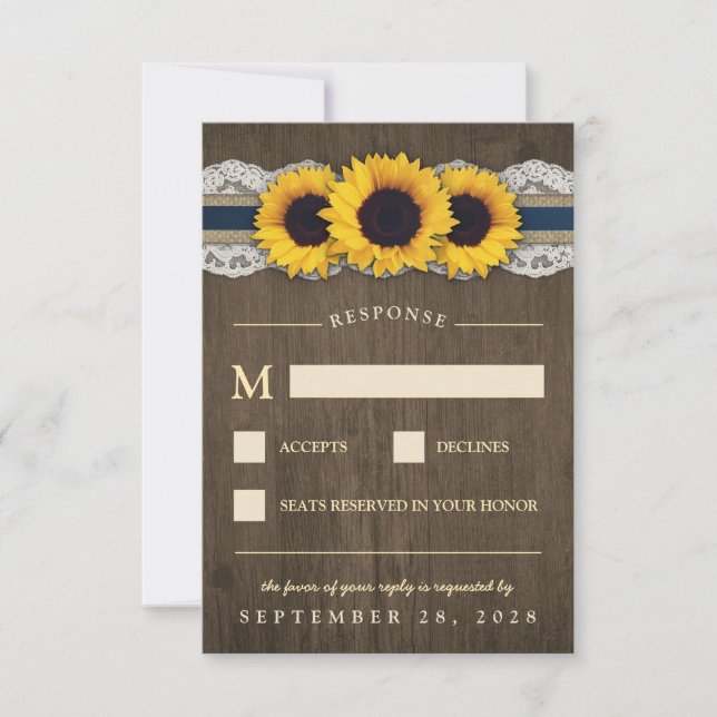 Sunflower Rustic Blue Burlap Wedding Cartes RSVP (Devant)