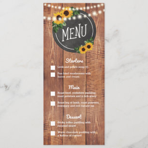 Sunflower Rustic String Lights Menu Mariage