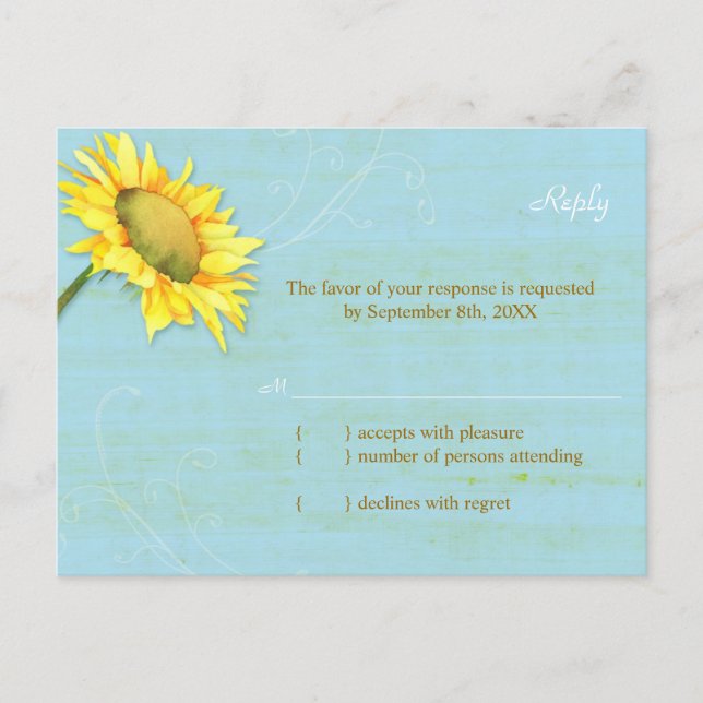 Sunflower Rustique bleu pâle mariage carte RSVP (Devant)