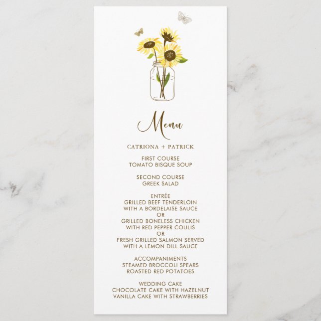 Sunflower sur Mason Jar Floral Carte Menu (Devant)