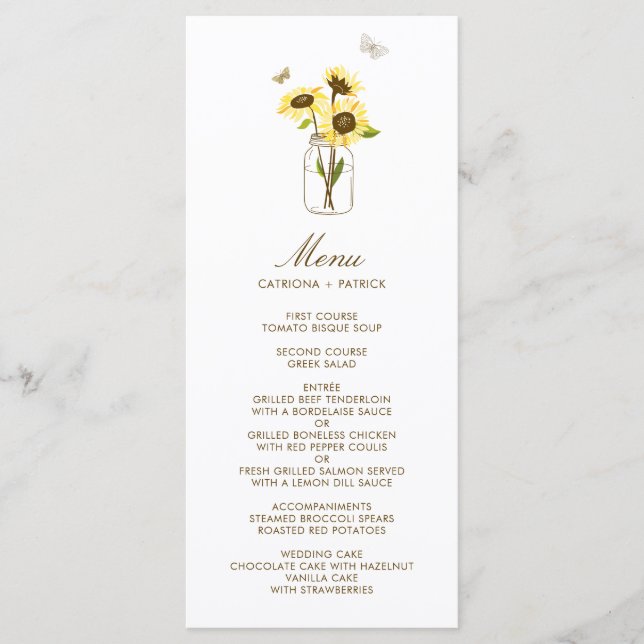 Sunflower sur Mason Jar Floral Mariage Carte menu (Devant)