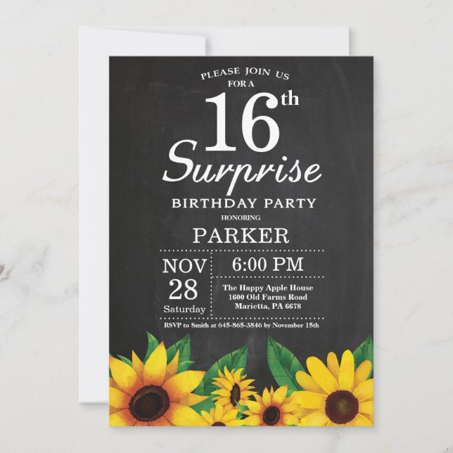 Sunflower Surprise 16e anniversaire Invitation (Devant)