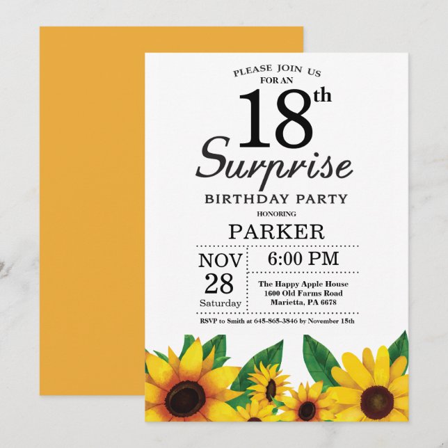 Sunflower Surprise 18e anniversaire Invitation (Devant / Derrière)