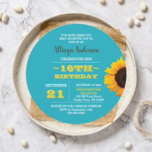 Sunflower Turquoise Round Sweet 16 Invitation