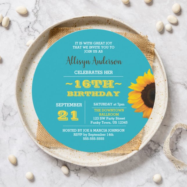 Sunflower Turquoise Round Sweet 16 Invitation (Créateur téléchargé)