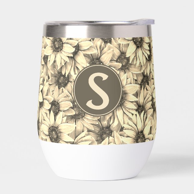 Sunflower Vintage Charm Sepia Tone Wine Tumbler (Gauche)