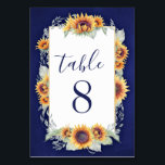 Sunflower Vintage Wedding Tableau Numéro Cartes<br><div class="desc">Sunflower Vintage Wedding Table Number Cartes - présente d'élégants tournesols aquarelle avec une verdure verte claire entrelacée sur une zone de texte unique.</div>