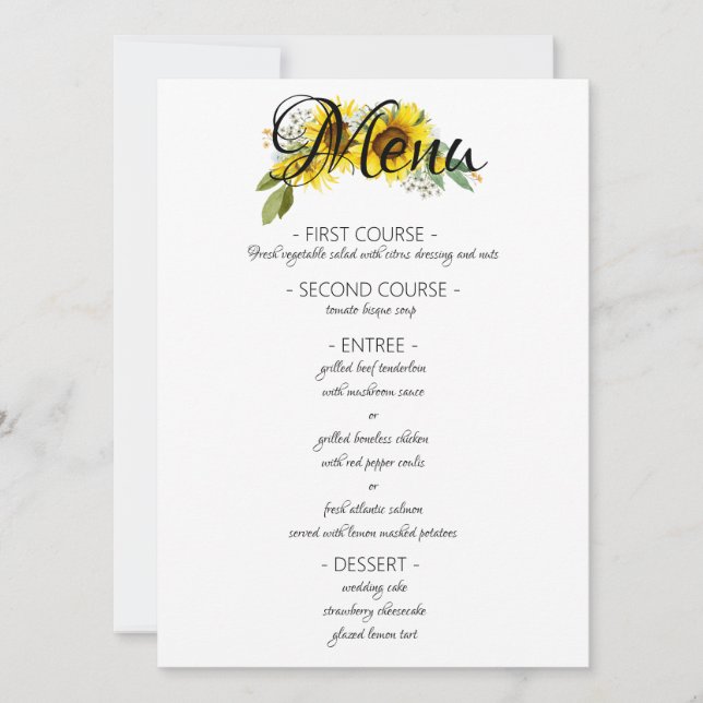 Sunflower watercolor élégant menu de mariage (Devant)