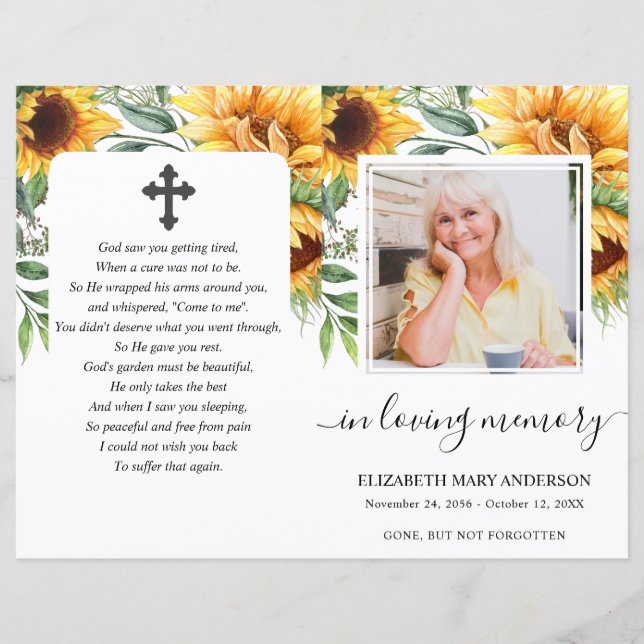 Sunflower Watercolor Photo Funérailles Programme c (Devant)