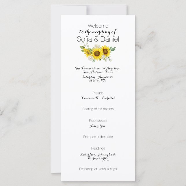 Sunflower white rose watercolor wedding Flat Card (Devant)