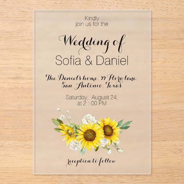 Sunflower white rose wedding Acrylic Invitation (Recto)