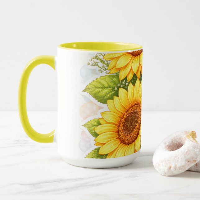 Sunflower Yellow Mug – Floral Gift for Her (Avec donut)