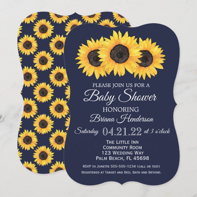Sunflowers Baby Shower Invitations Rustic Blue (Devant / Derrière)
