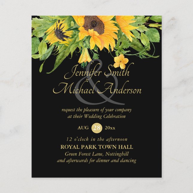 Sunflowers Black Gold Floral Wedding Invitation (Devant)