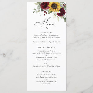 Sunflowers Bourgogne Floral Greenery Menu Mariage
