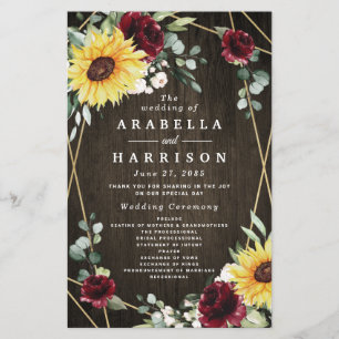 Sunflowers Bourgogne Rose Rustic Wedding Programme