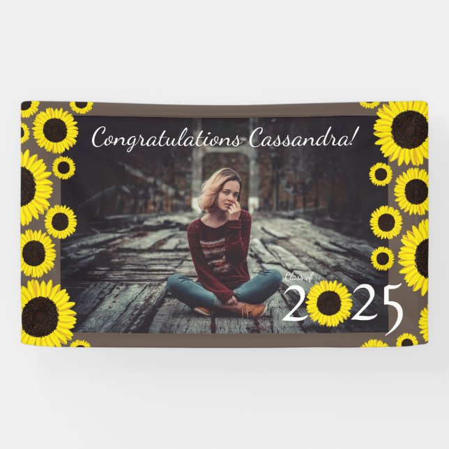 Sunflowers Country Graduation Party Bannière Brown (Horizontal)