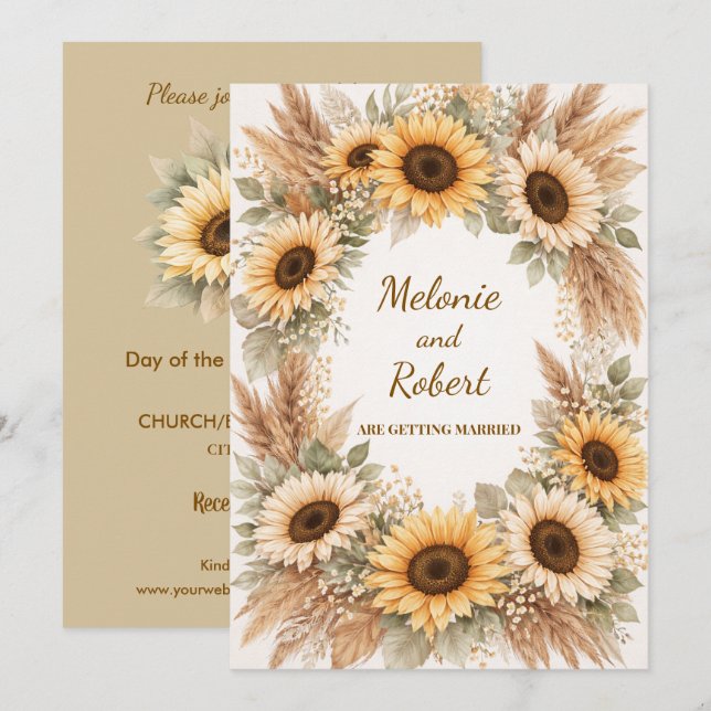Sunflowers Earthy Boho Wedding Invitation (Devant / Derrière)