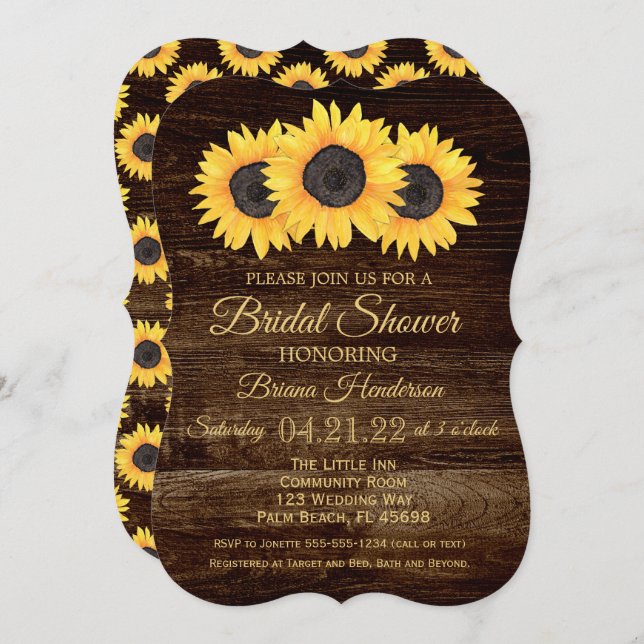 Sunflowers Invitation de douche nuptiale Bois rust (Devant / Derrière)
