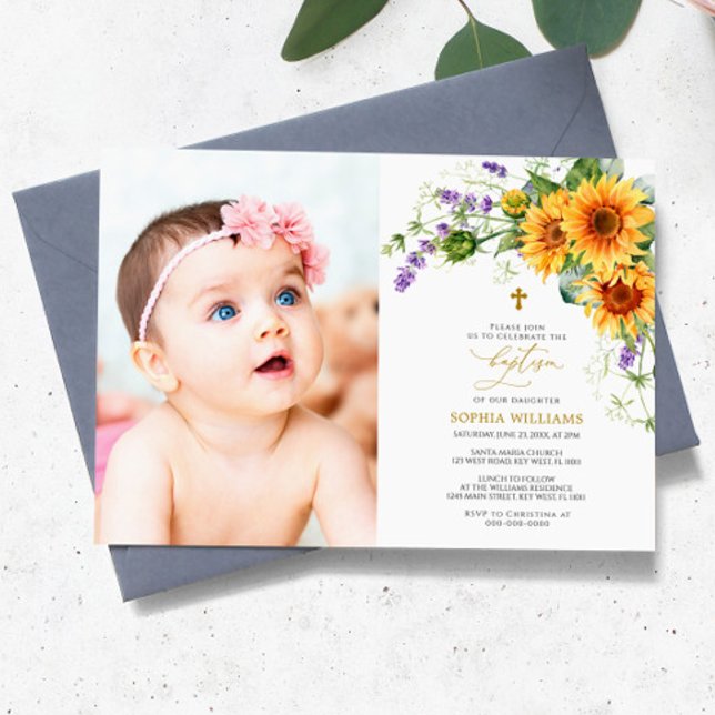 Sunflowers & Lavander Photo Baptism Invitation (Créateur téléchargé)