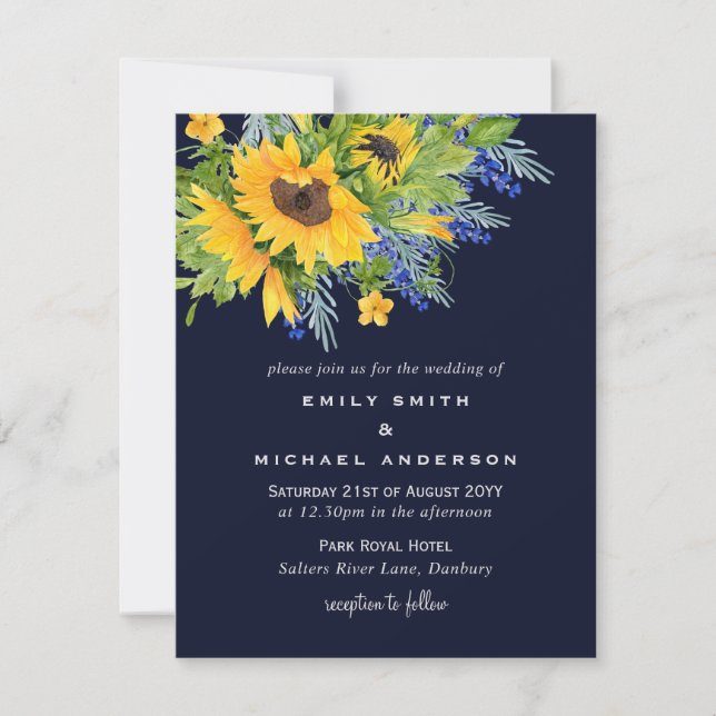 Sunflowers Marine Bleu Jaune Mariage Invitations (Devant)