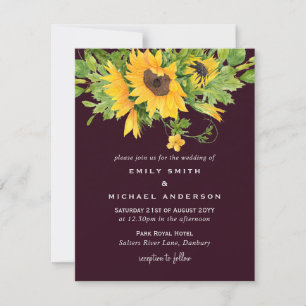 Sunflowers Maroon Yellow Mariage Invitations
