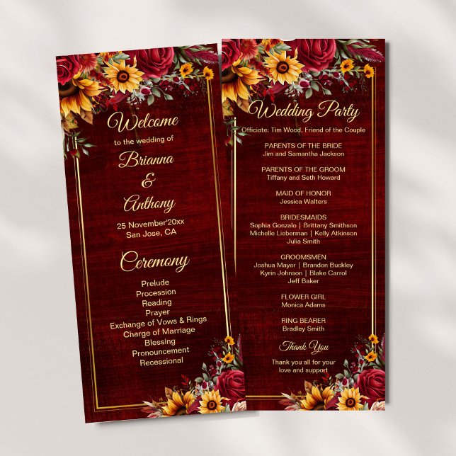 Sunflowers programme de mariage bordeaux (Sunflowers burgundy roses fall wedding program order of service ceremony stationery)