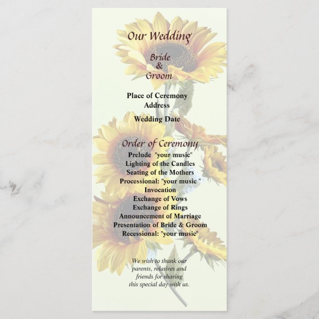 Sunflowers Recherche dans le programme de mariage (Devant)