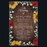 Sunflowers Red Roses Rustic Wood Wedding Programme<br><div class="desc">Ce design présente de jolies roses rouges peintes, des tournesols et des branches d'eucalyptus sur un arrière - plan rustique en bois foncé. Cliquez sur le bouton personnaliser pour plus de flexibilité dans la modification du texte. Des variantes de cette conception, différents types de papier, ainsi que des produits de...</div>