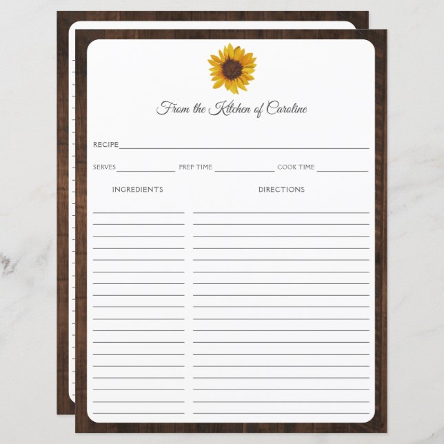 Sunflowers Rustic Wood Recette Carte Classeur Inse (Devant / Derrière)