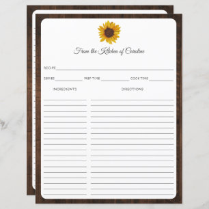 Sunflowers Rustic Wood Recette Carte Classeur Inse