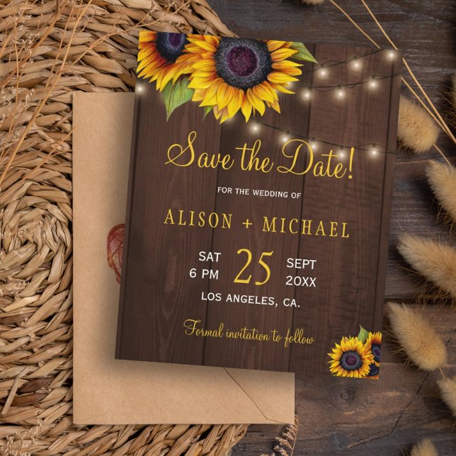 Sunflowers rustic wood wood budget save date weddi (Créateur téléchargé)