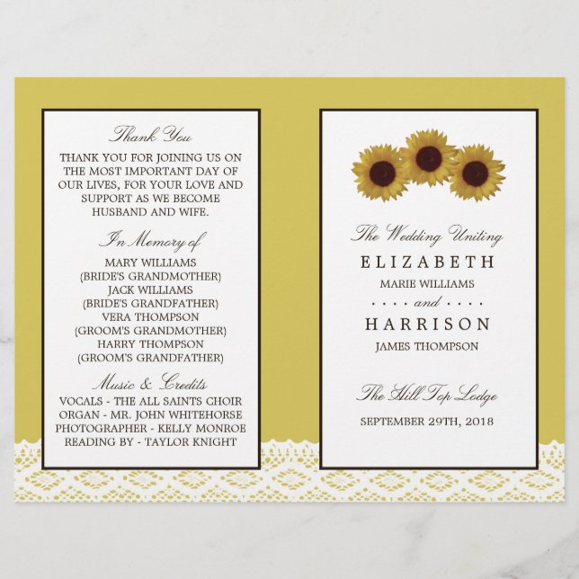 Sunflowers & Vintage Lace Mariage Programme biné (Devant)