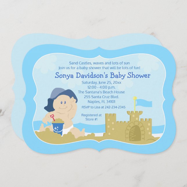 Sunhat Baby Sand Beach Boy Baby shower Invitation (Devant / Derrière)