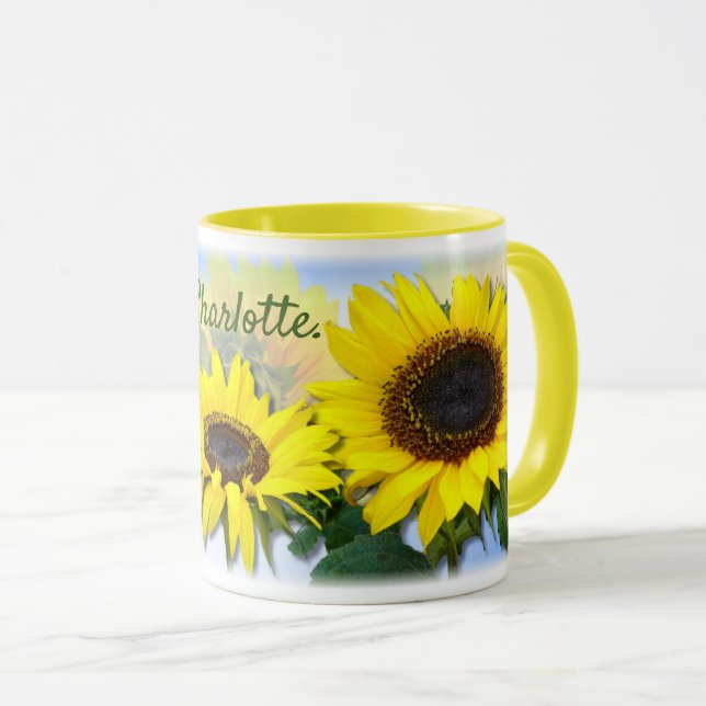 Sunny Sunflower Nom personnalisé Café Mug (Devant droit)
