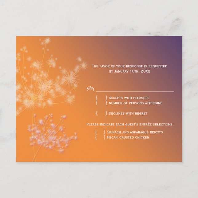 Sunset Dandelions Wedding Menu Choice RSVP (Devant)